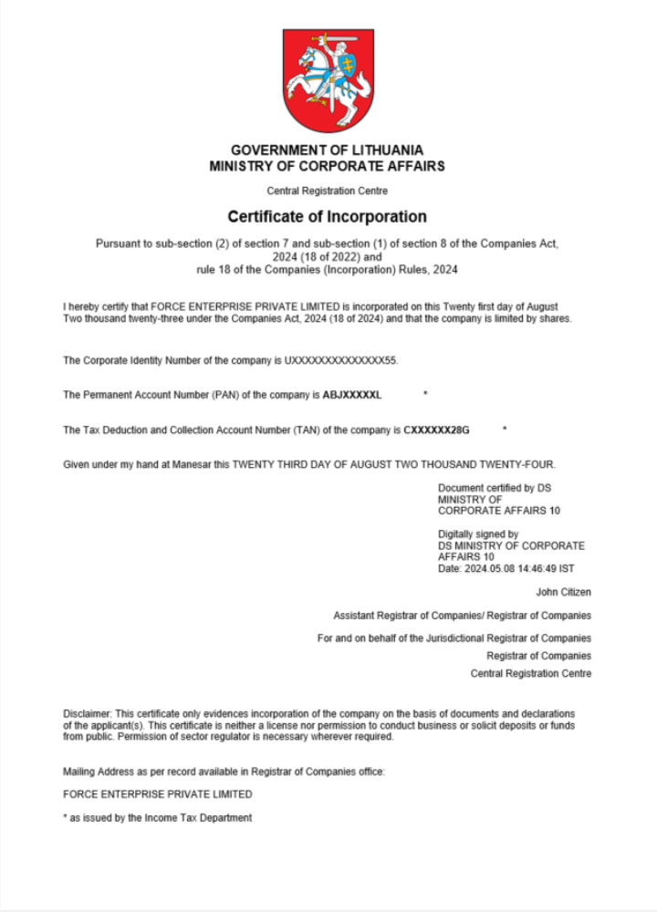 Lithuania  company registration certificate Word and PDF template